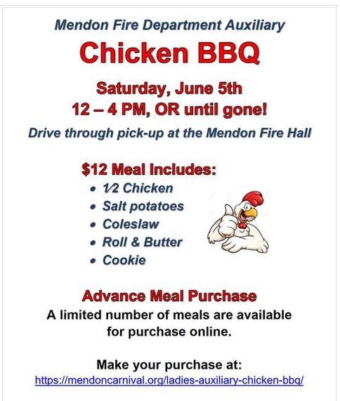 Mendon Fire Department Auxiliary Chicken BBQ Fund Raiser is June 5