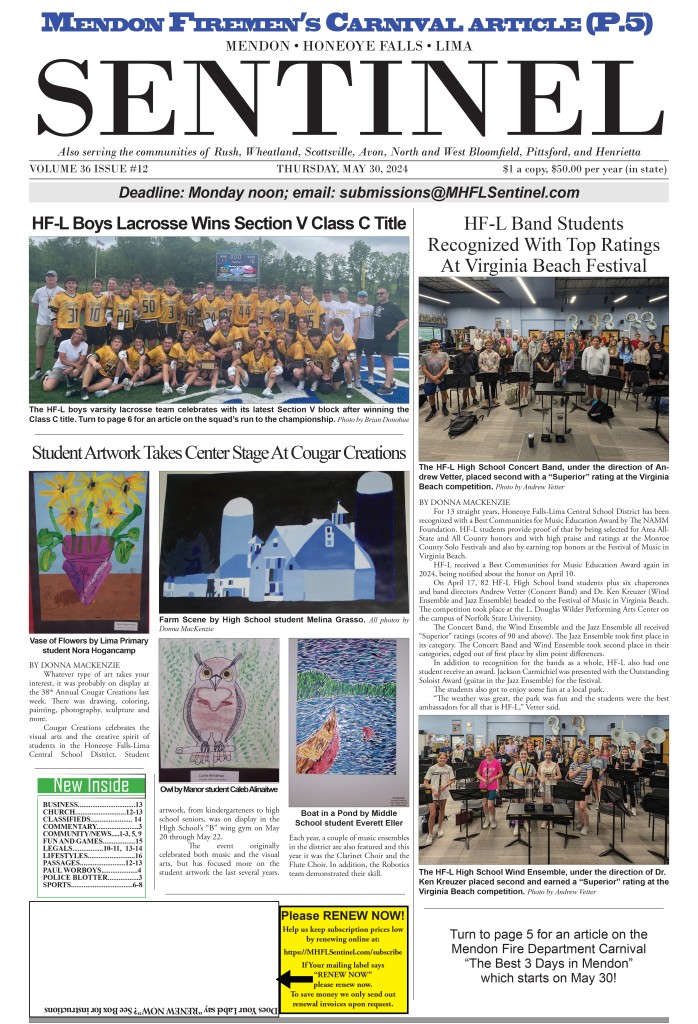 May 30, 2024 Issue of The Sentinel – Mendon Honeoye Falls Lima Sentinel